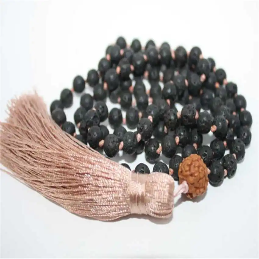 Natural Lava Rock 108 Beads Mala Necklace with Rudraksha Accent & Beige Tassel Spiritual Aromatherapy Jewelry
