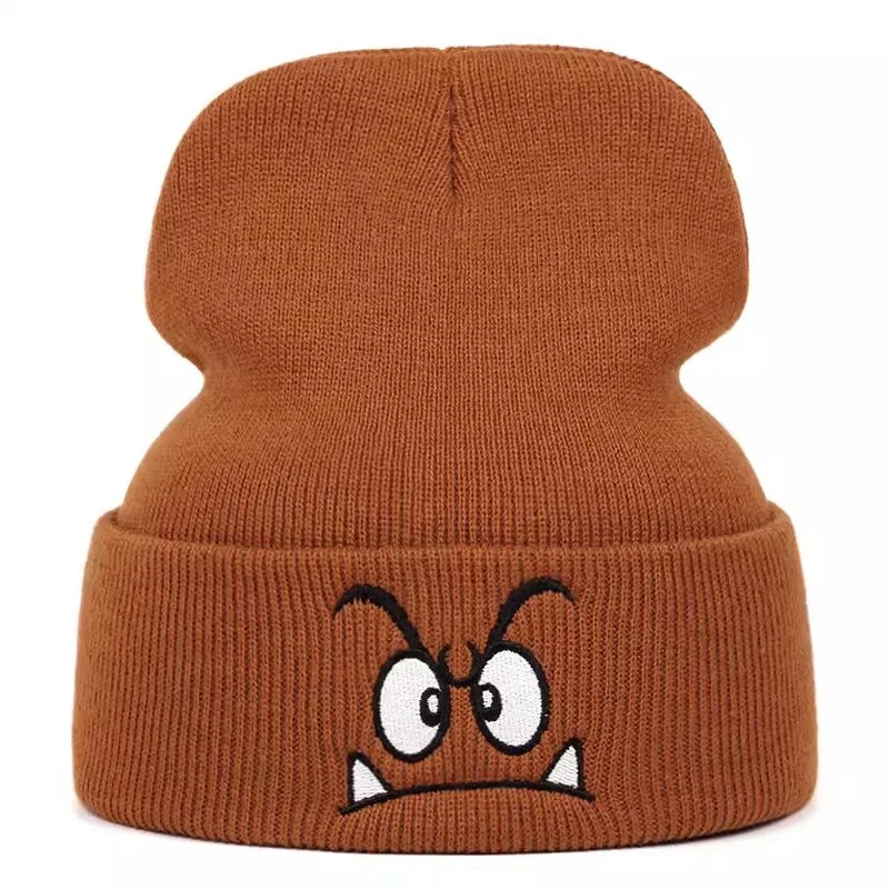 2025 dessin animé en colère Expression brodé tricoté bonnet chapeau hommes femmes hiver en plein air mouvement Ski chaud vent-résistant bonnet chapeaux