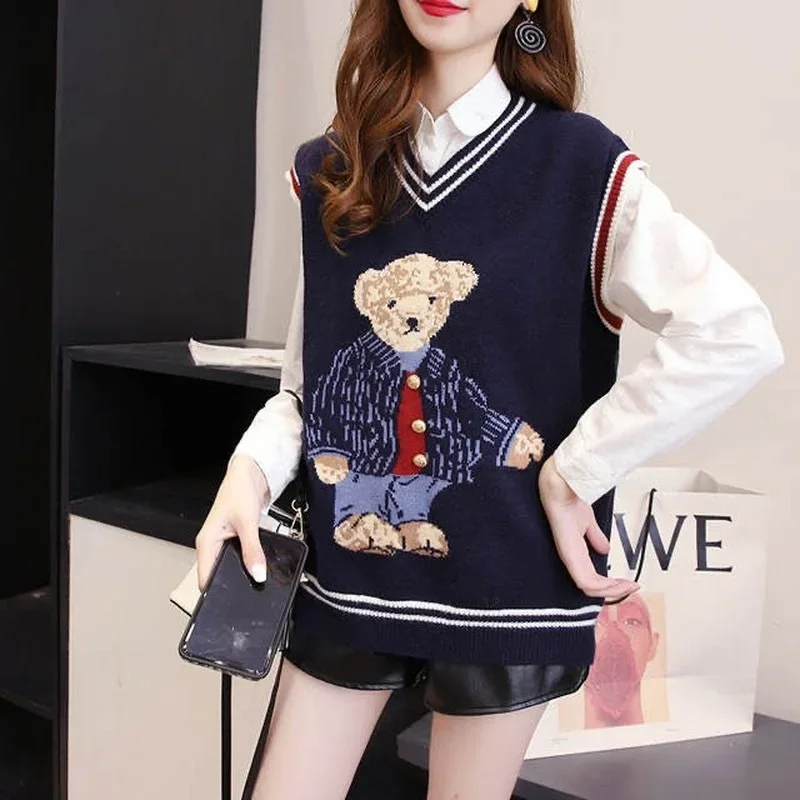 Spring Autumn Womens Pullover Sweater Cartoon Print Knitted Vest Women Sleeve Korean Fashion Loose Jacket Streetwear Retro Grace