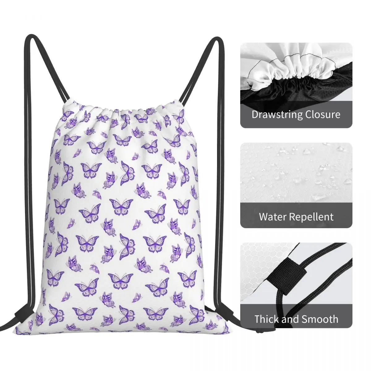 The Purple Butterfly Print Backpacks Casual Drawstring Bags Drawstring Bundle Pocket Sports Bag Book Bags For Man Woman Students