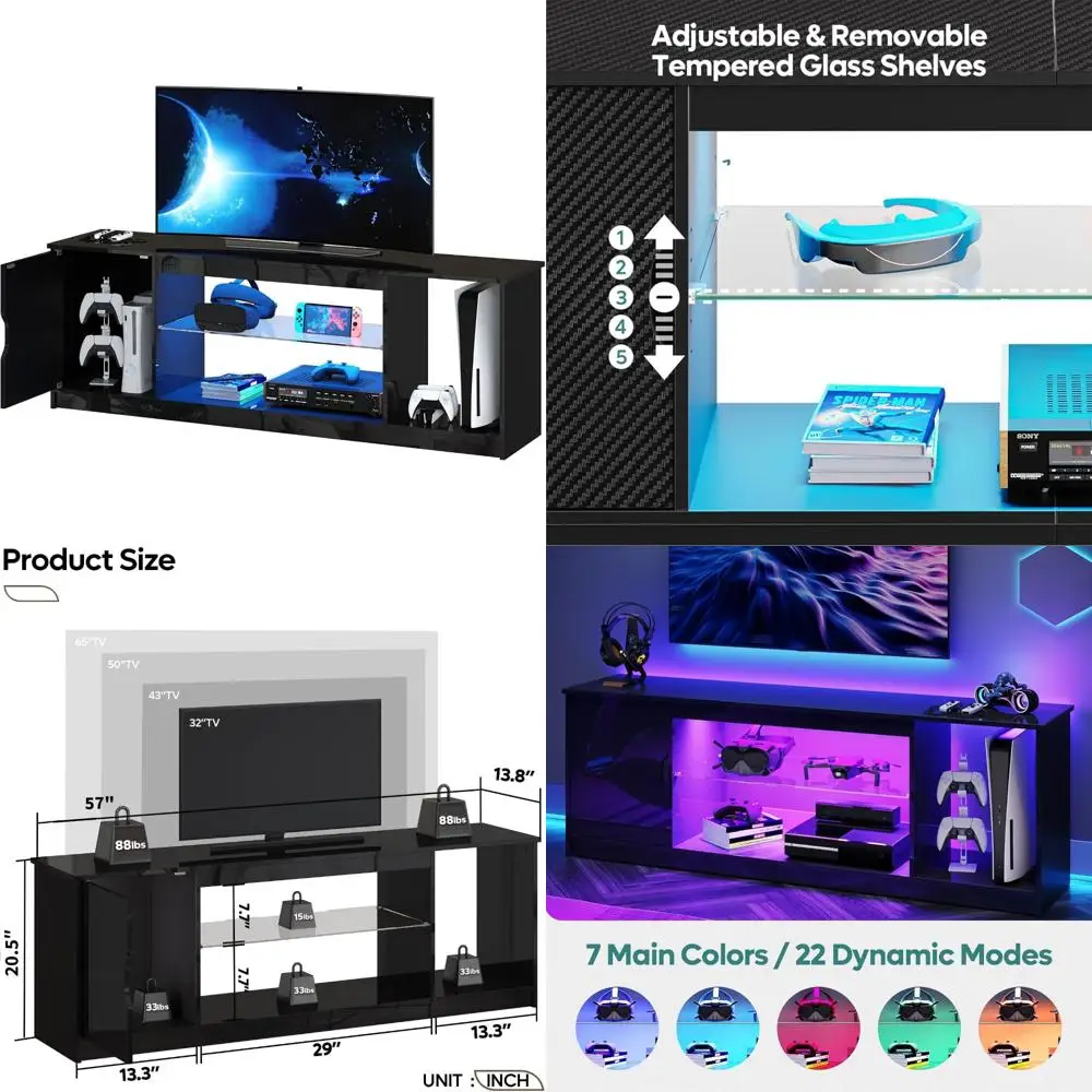 Gaming TV Stand for 65 Inch TVs - Modern Entertainment Center for PS5/Xbox Series X, Sleek Black Media Console