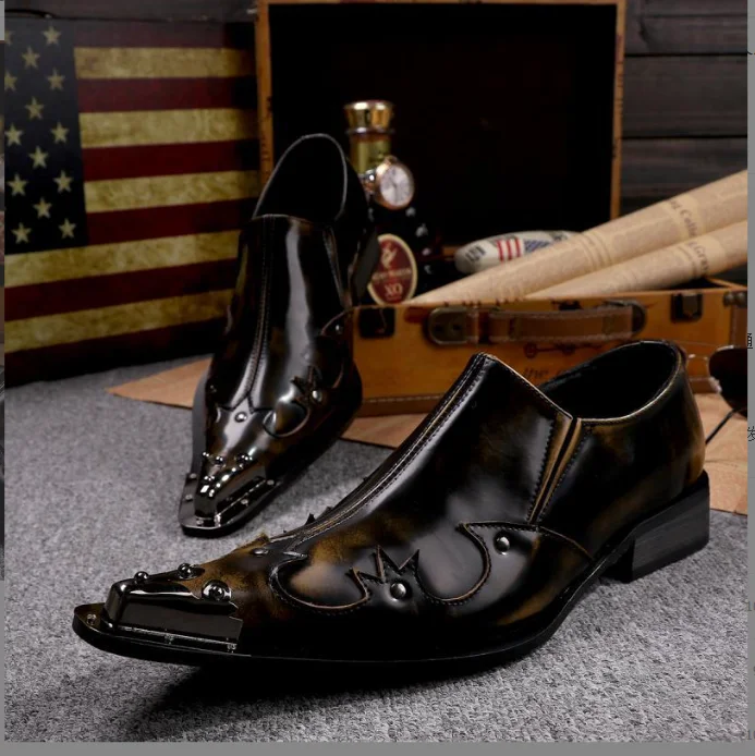 

Men Design Business Pointed Toe Shoes Male Leather Low Top Fashion Retro Low Heel Slip on Shoes Metal Casual Work Dress Show