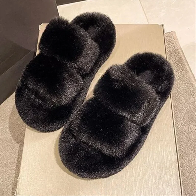 Winter Open Toe Slipper Fashion Fur Thick Sole Flats Heel Ladies Casual Slip on Bedroom Shoes Soft Outdoor Slides Shoes