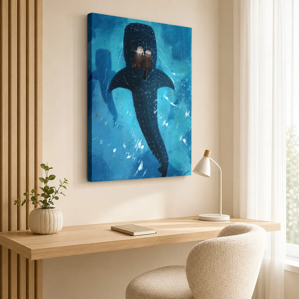 Sleeping Otters Whale Shark Fantasy Wood Framed Canvas Print Personalized Photo, Playful Underwater Wall Art For Living Room