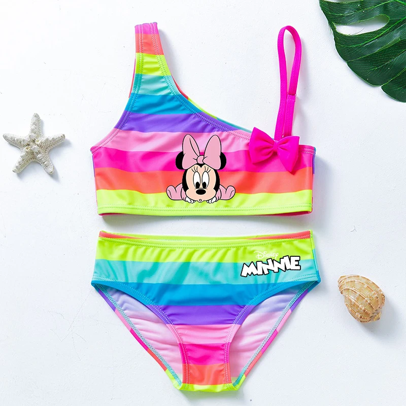 

Купальник Minnie Girls Rainbow для девочек, летняя пляжная одежда, купальные костюмы для малышей с бантом, танкини, раздельный купальник из двух частей, пляжный костюм