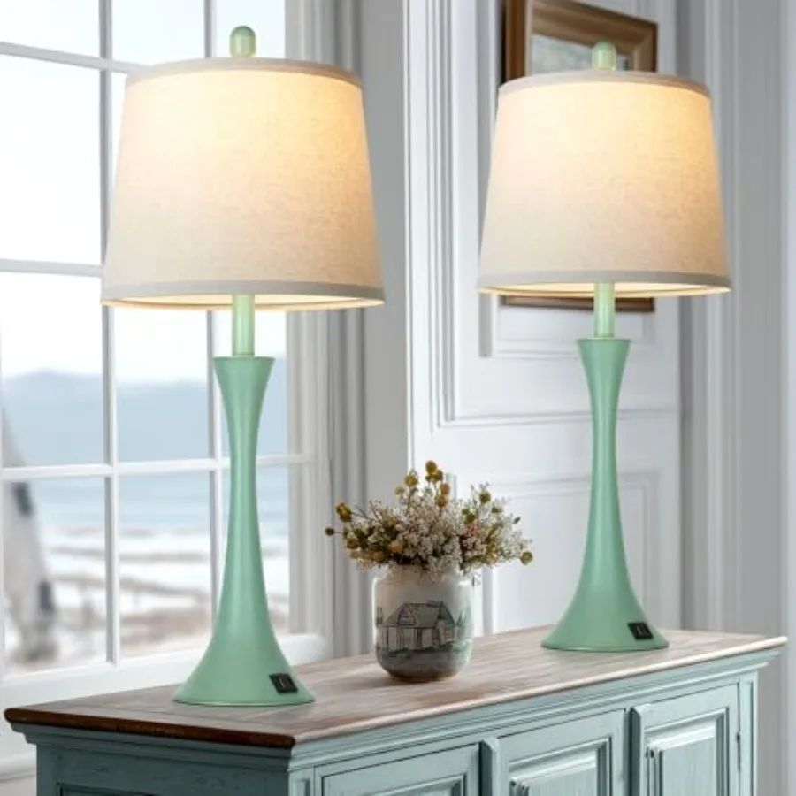 

Coastal Modern Green Table Lamps Set of 2 for Living Room 27.5" Tall Bedside Lamp with USB Charging Port 3-Way Dimmable Touch N