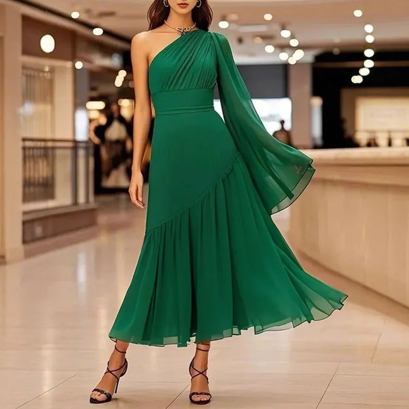 Eleganckie, jednolite, łączone, plisowane długie sukienki damskie, seksowne suknie wieczorowe z asymetrycznym dekoltem, jesienne sukienki boho z ukośnymi ramionami i długim rękawem.