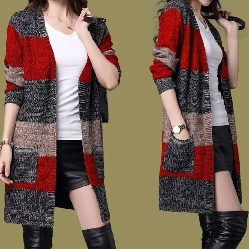 Autumn Winter Long Knitted Cardigan Fashion Vintage Contrasting Colors Patchwork Chic Bright Silk Female Pockets Sweaters Coat