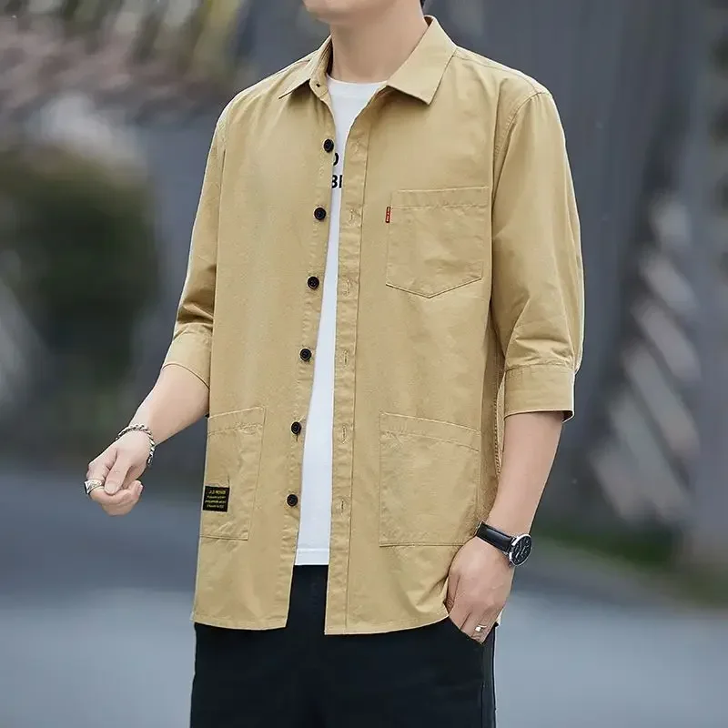 

Fashionable and Versatile Men's with Solid Color Square Neck Patchwork Pockets Buttons 3/4 Sleeves Temperament Commuting Shirt