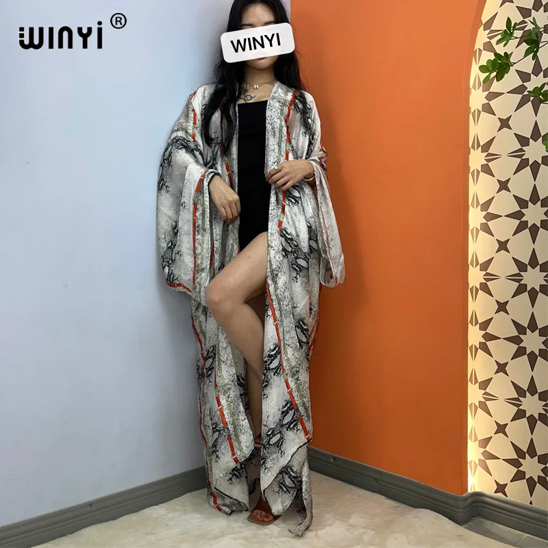 WINYI summer Classic snake print Cardigan donna abito lungo allentato elegante Party Boho Maxi beach Holiday Cover Up kimono kaftan