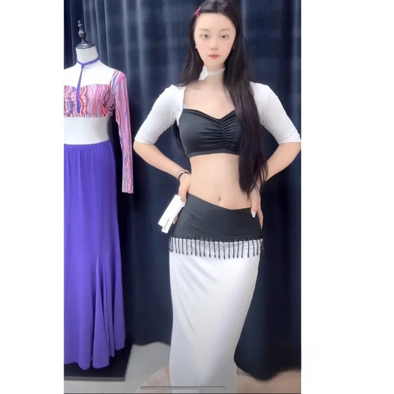 Customized Belly Dance Costume Set Performance Dress Class Dress Sexy Practice Clothes Black Tassel Tops Long Skirt Dancewear