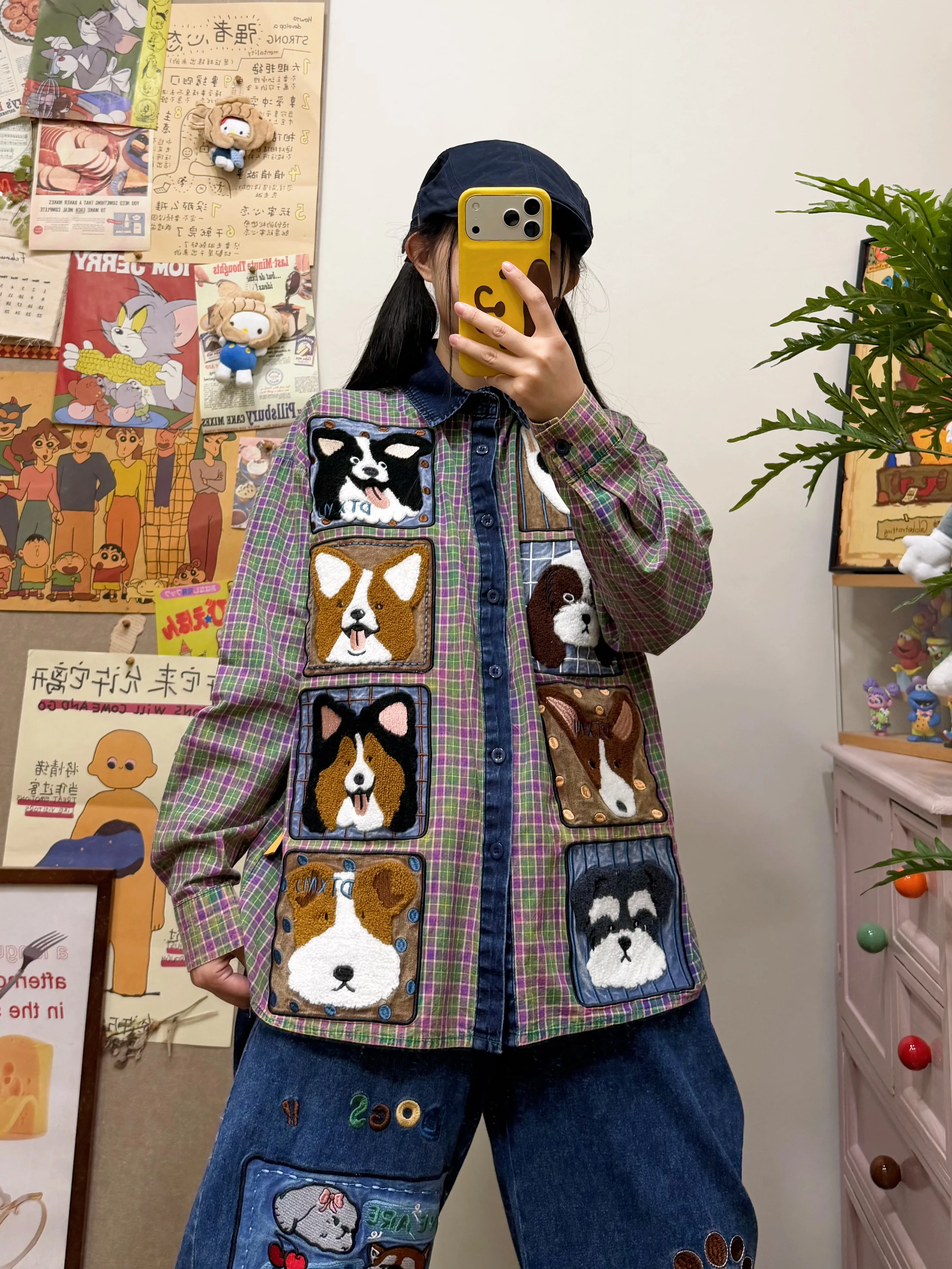 BIBULU Original American Retro Cartoon Dog Embroidered Plaid Loose Casual Shirt Women's College Style Breathable Cotton Long ...