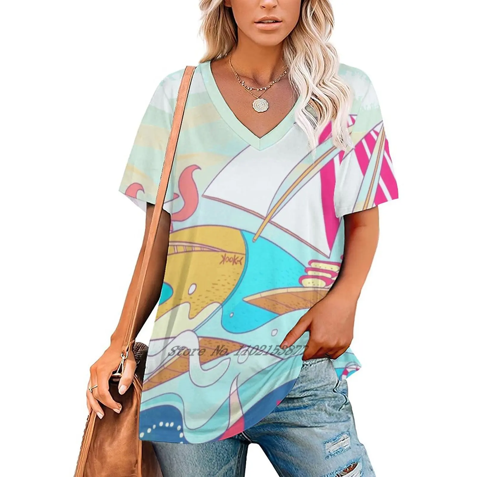 All Aboard! Women V Neck T-Shirt Casual Sexy T Shirts Hollow Out Zipper Pullover Top Sea Sailing Sail Boat Dolphin Squirrel