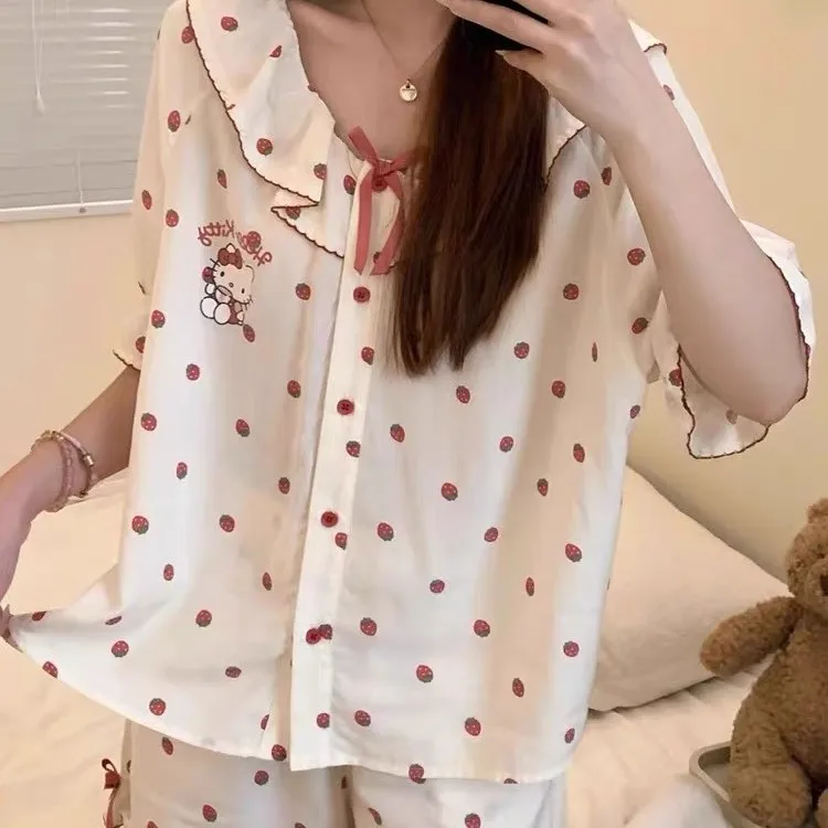 New Hello Kitty Summer Pajamas Set Women Girl Sleepwear Cartoon Anime Summer New Cute Lightweight Comfort Breath Short Sleeve view 5