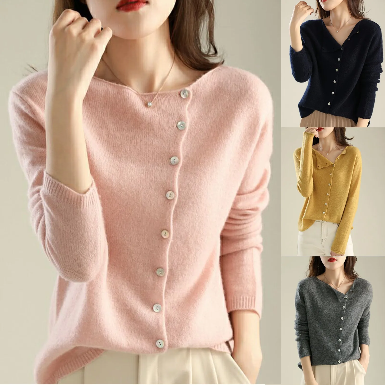 Autumn 2024 Asymmetrical Button Women Cardigan O-Neck winter Fleece Jumpers Cotton Single-Breasted solid color Knitted Tops