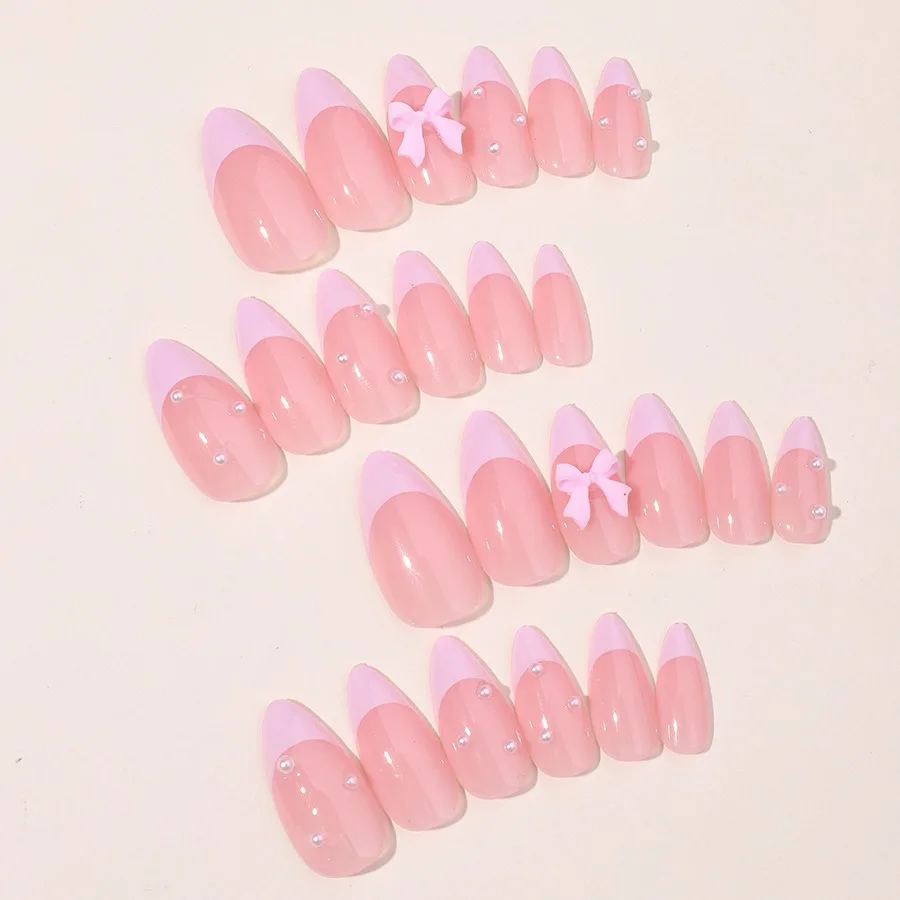 24pcs Pink French Press on Nails Sweet Pearl Bows Fake Nail Short Almond Full Coverage Nail Tip for Women&Girl False Nail Art