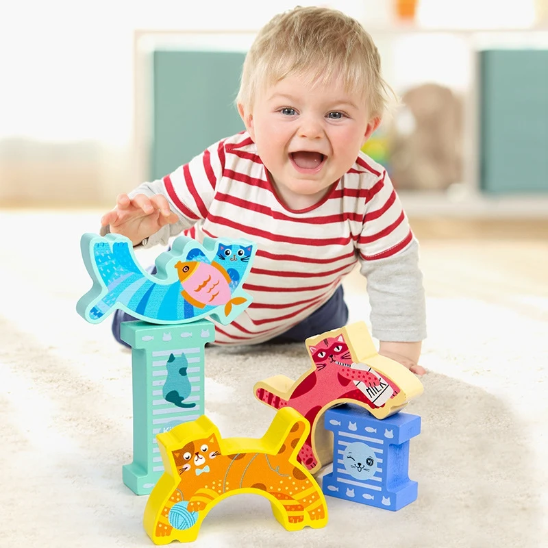 Décennie s de construction d'équilibre de chaton en bois pour enfants, jouet à empiler bricolage, blocs de bois colorés, jouets de nuit