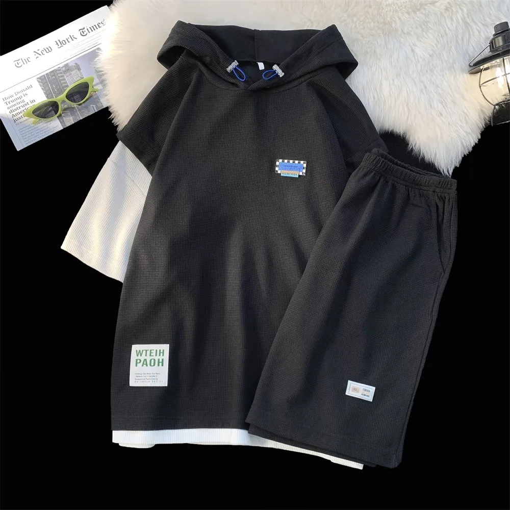 

Casual Spor ort Sve Hoodie T-irt Set for Men Summer Faionable Youthful Loose Fit Flat Colored round Ne T-irt