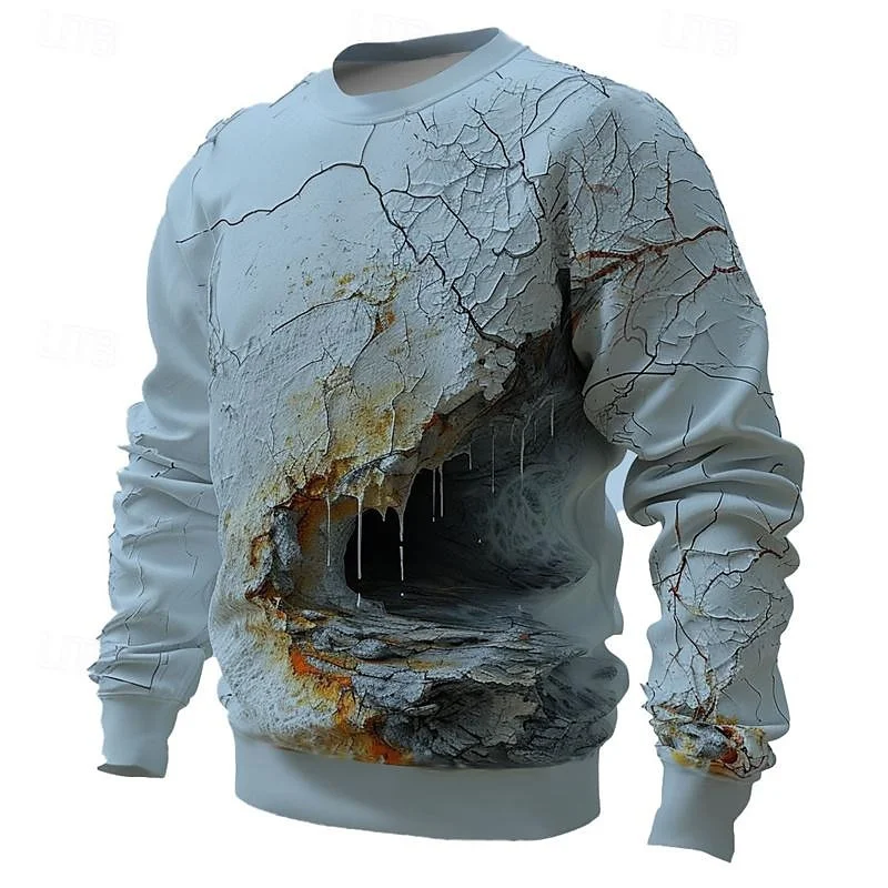 Fashion Cave Pattern Mens Sweatshirt Autumn Trend Long Sleeve Shattered Wall 3D Printed Pullovers Casual Street Loose Clothing