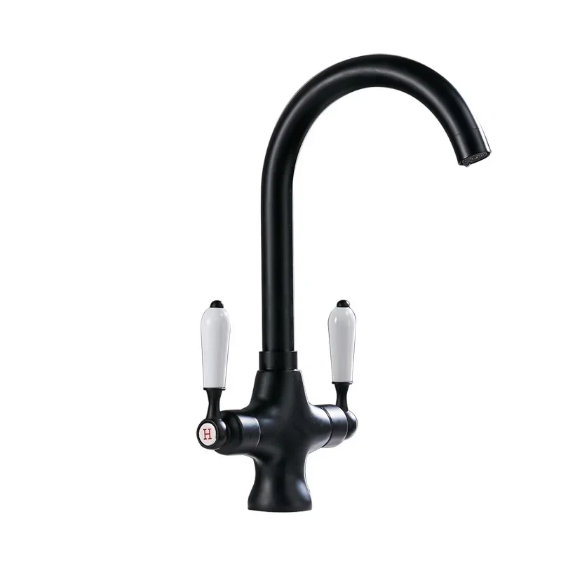 

Brass black ceramic double handle hot and cold faucet, modern sitting kitchen sink mixing faucet