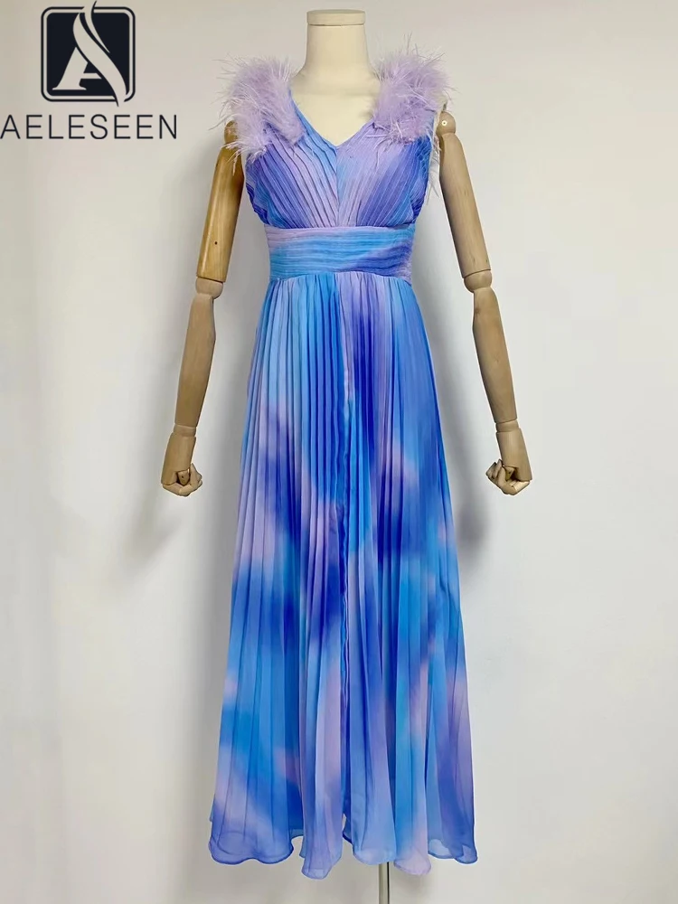 

AELESEEN Women Casual Pleated Dress Design Fashion Sleeveless Feathers Blue Rose Red Print V-Neck Long Holiday Vacation