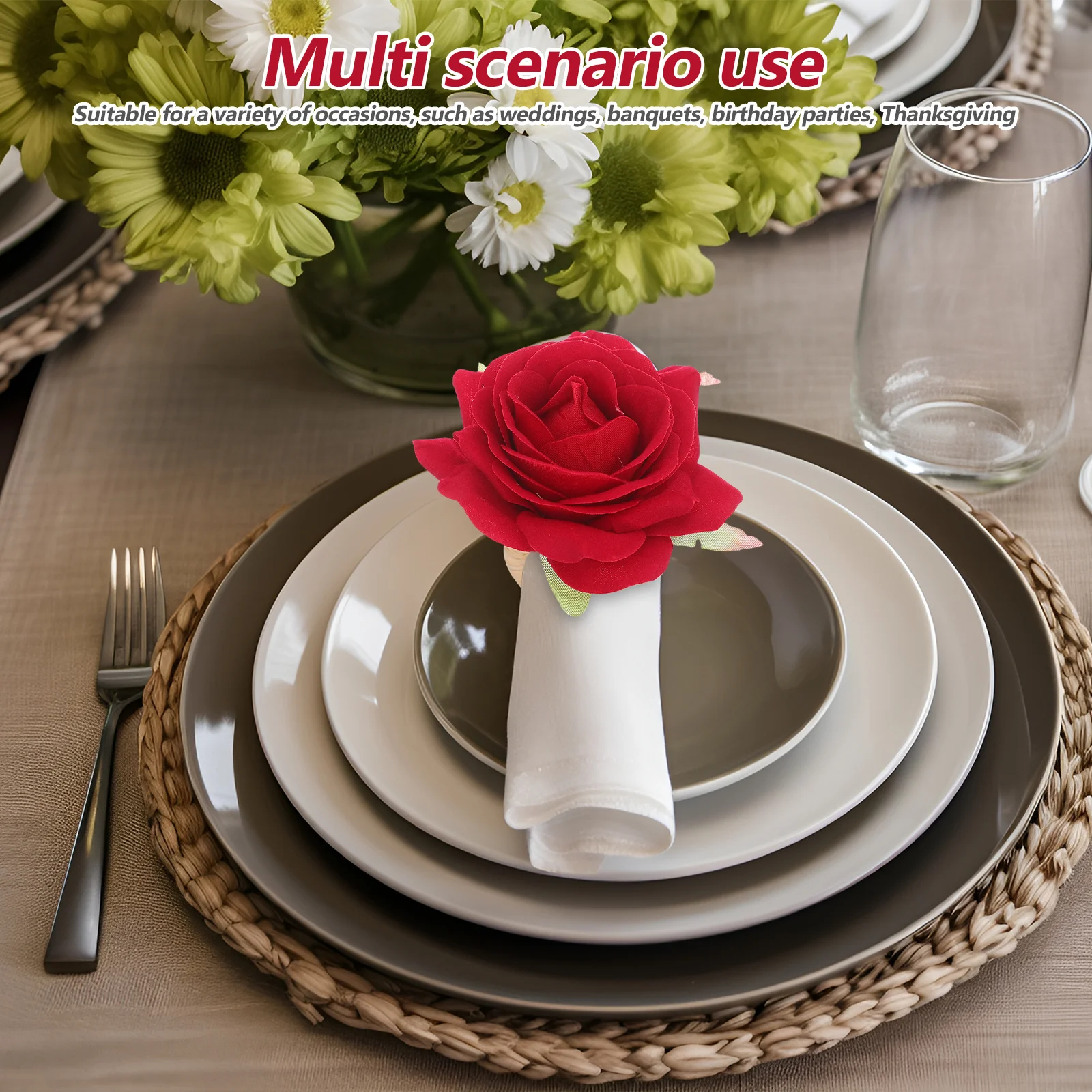 

6Pcs Rose Napkin Rings Set Floral Fabric Flower Holder for Wedding Banquet Party Thanksgiving Baby Shower Holiday Table Decor