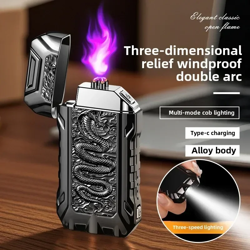 Embossed snake pattern curved lighter Type-C rechargeable flameless cigarette lighter with light for men Year of the Snake gift