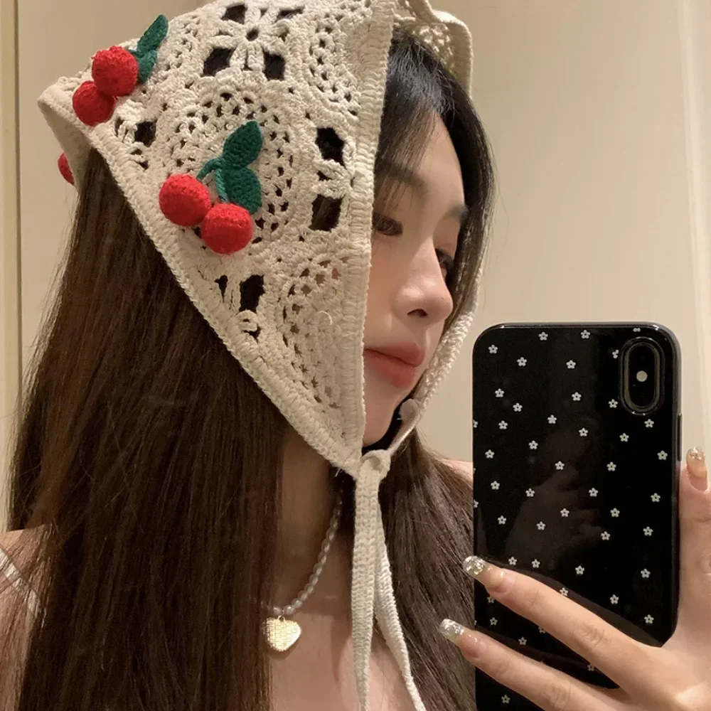 Sweet French Pastoral Style Triangle Headband Handmade Crochet Little Cherry Headscarf Hat Knitted Headband Towel Girls