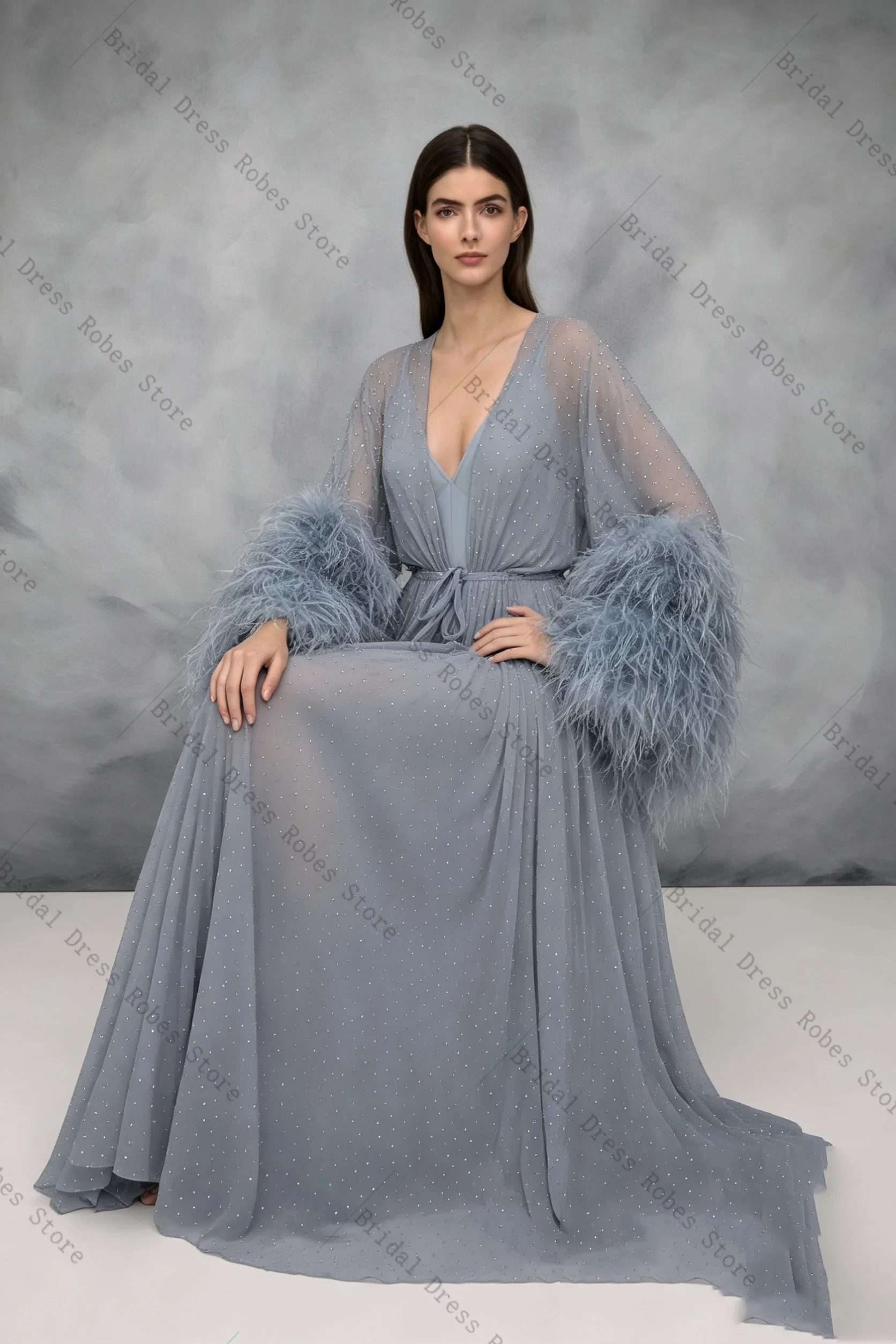 Feather Beaded Luxury Women Prom Dress For Photoshoot Formal Sexy V Neck Belted Long Bridal Morning Robe Customized Night Gown
