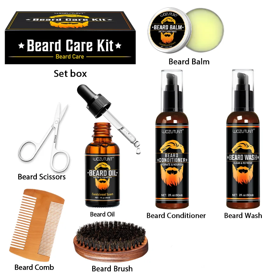 Beard Care Kit for Men, Wash Conditioner Beard Oil and Balm with Comb Brush and Scissors, Sandalwood Scented, Perfect Gift for Men