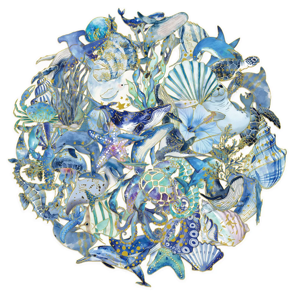 50枚入り 透明PET装飾ステッカーセット 海洋生物 DIY ノートパソコン 水筒 バッグ ホットスタンプ装飾ステッカー