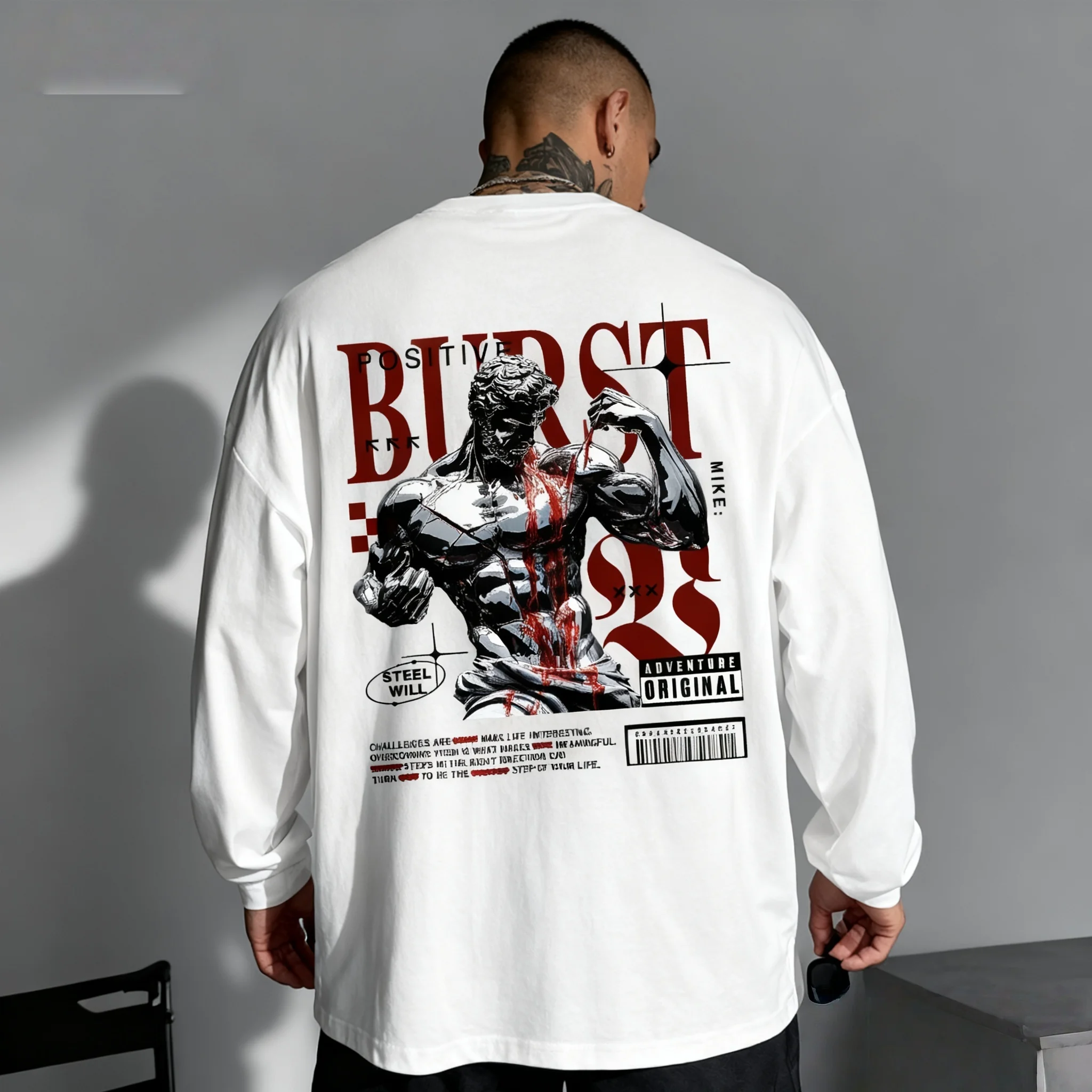 

25/26 Spring Autumn Long Sleeve T-shirt American Fashion Men Muscle Sculpture 3D Printing Large Adult Comfortable Breathable Top