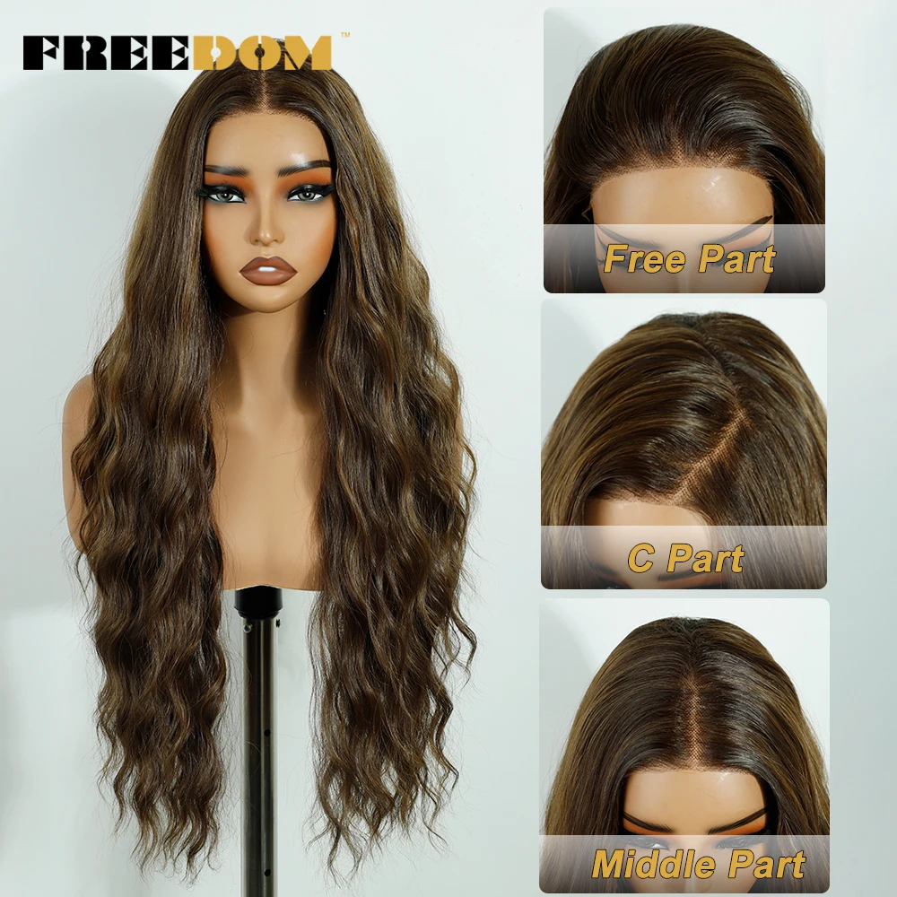 

FREEDOM Long Synthetic Lace Front Wigs For Women Ombre Brown 13x4 Curly Wig Pre Plucked Pre-cut Wear And Go Glueless Lace Wigs