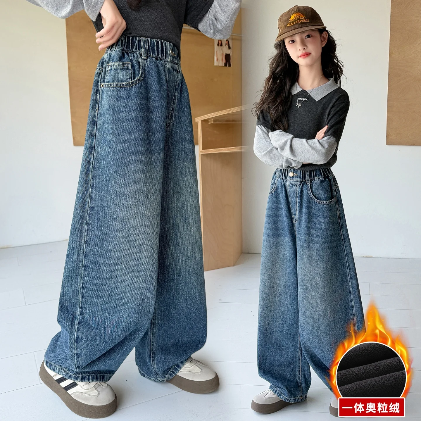 Girls Fleece Lined Wide-leg Jeans Denim Pants Star Printed Pockets Warm Straight Kid's Outerwear for Daily Autumn Winter Style