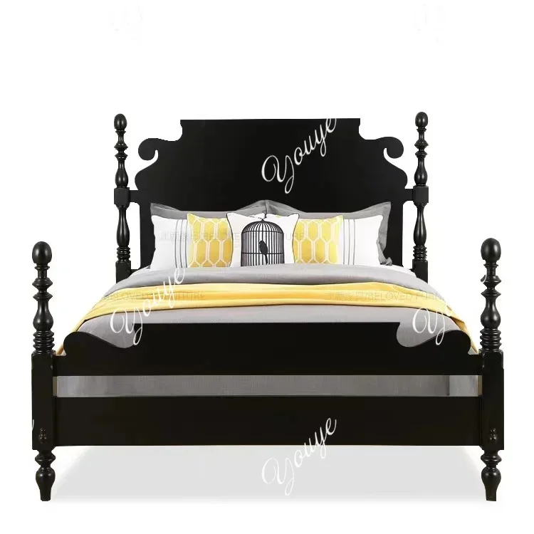 N49 J American Pastoral Solid Wood Roman Column Bedroom Black Double Bed Custom Fashion Modern Design French Bed