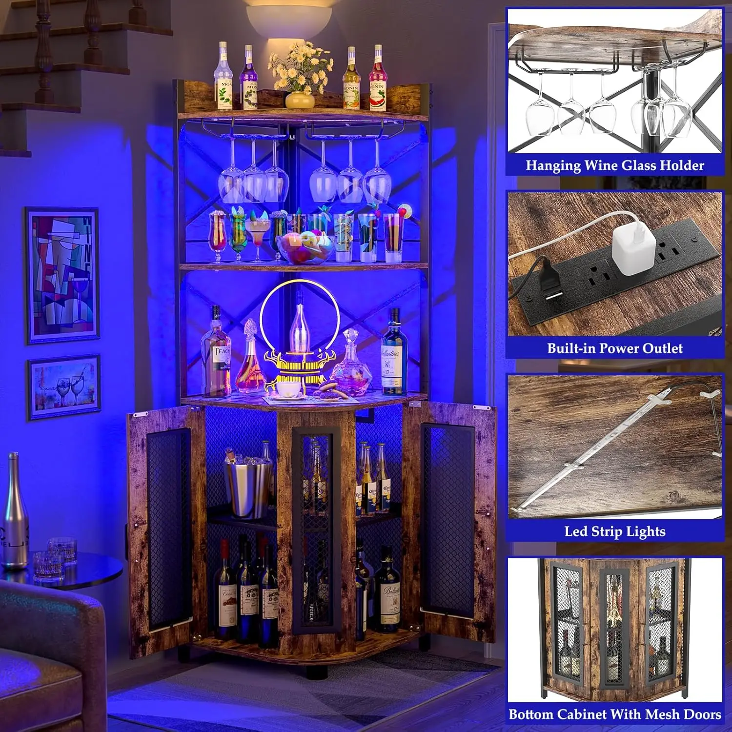 Armário de bar de canto com tomada de energia, armário de vinho industrial com faixa de LED e suporte de vidro, unidade de bar de armário de licor de 5 camadas