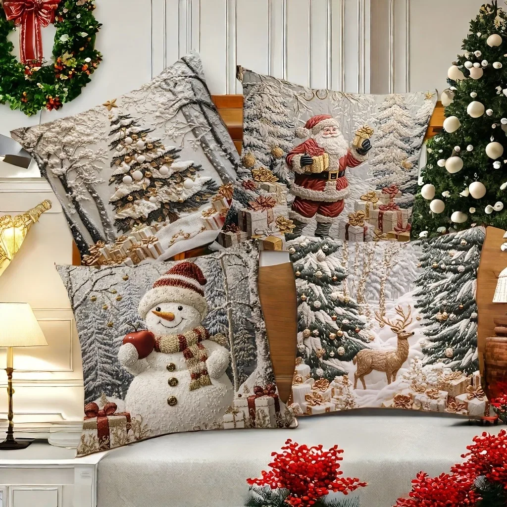 Fundas de almohada navideñas: escenas festivas con muñeco de nieve, Papá Noel, árbol y ciervo, decoración de la habitación del