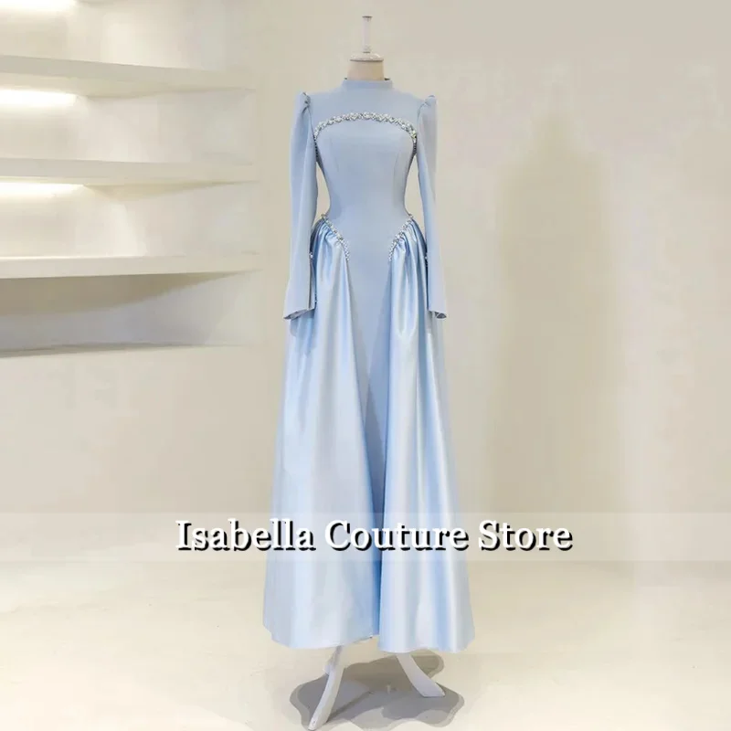 신상 이브닝 드레스 맞춤 제작 하이넥 긴팔 크리스탈 진주 A라인 정장 드레스 아라비아 프롬 가운