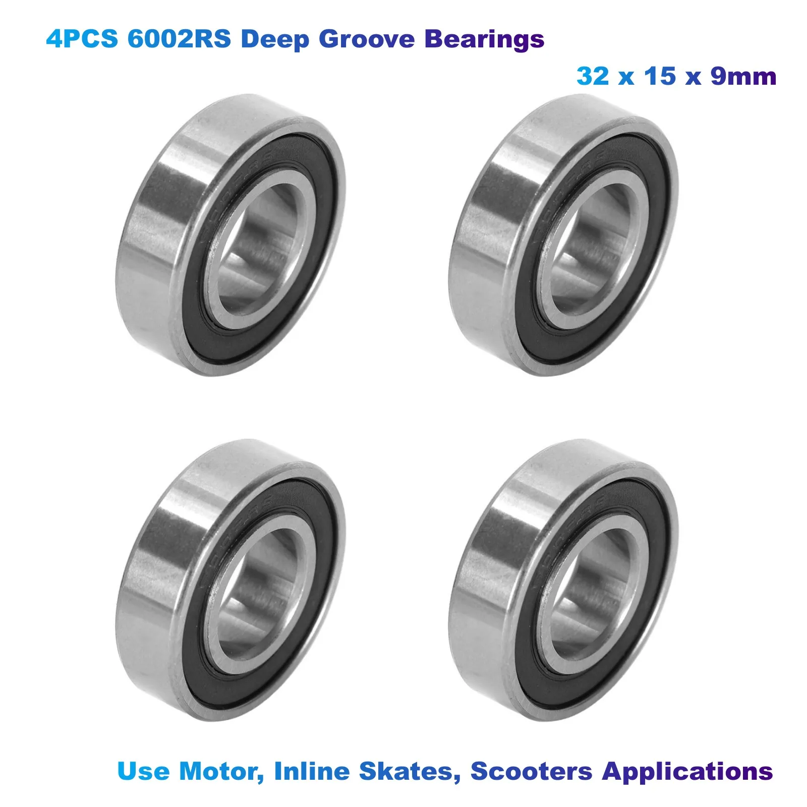 Ruimou 4PCS 6002RS Deep Groove Bearings 32x15x 9mm Rubber Sealed Ball Bearings Use Motor, Inline Skates, Scooters Applications