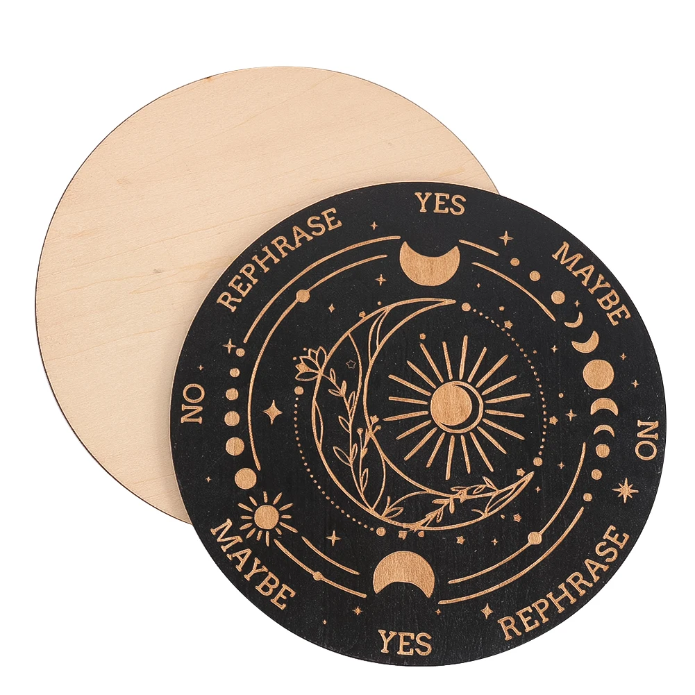 15cm Laser Engraved Black Round Wooden Board Mug Mat Pendulum Game Divination Board Yoga Energy Meditation Board Desktop Decor