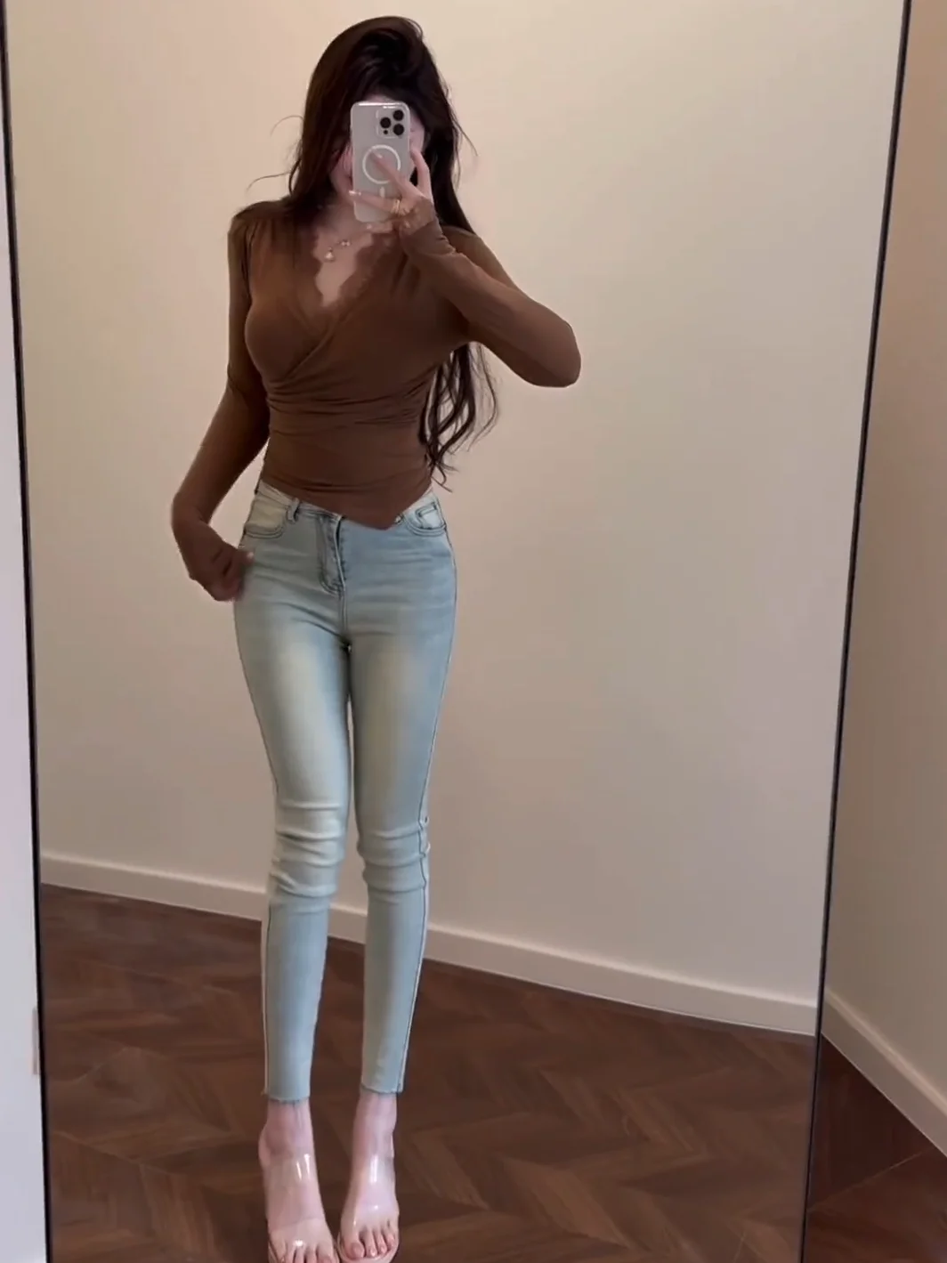 

Retro Fleece Lined Skinny Blue Jeans Women's High Waist Slimming High Rise Tight Fit Pencil Nine Point Pants Autumn Winter