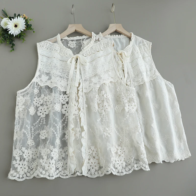 

Japanese Sweet Mori Girl Lace Embroidery Organza Vest Outwear Women Summer Lace Up O-Neck Sleeveless Casual Loose Vest Tank Tops