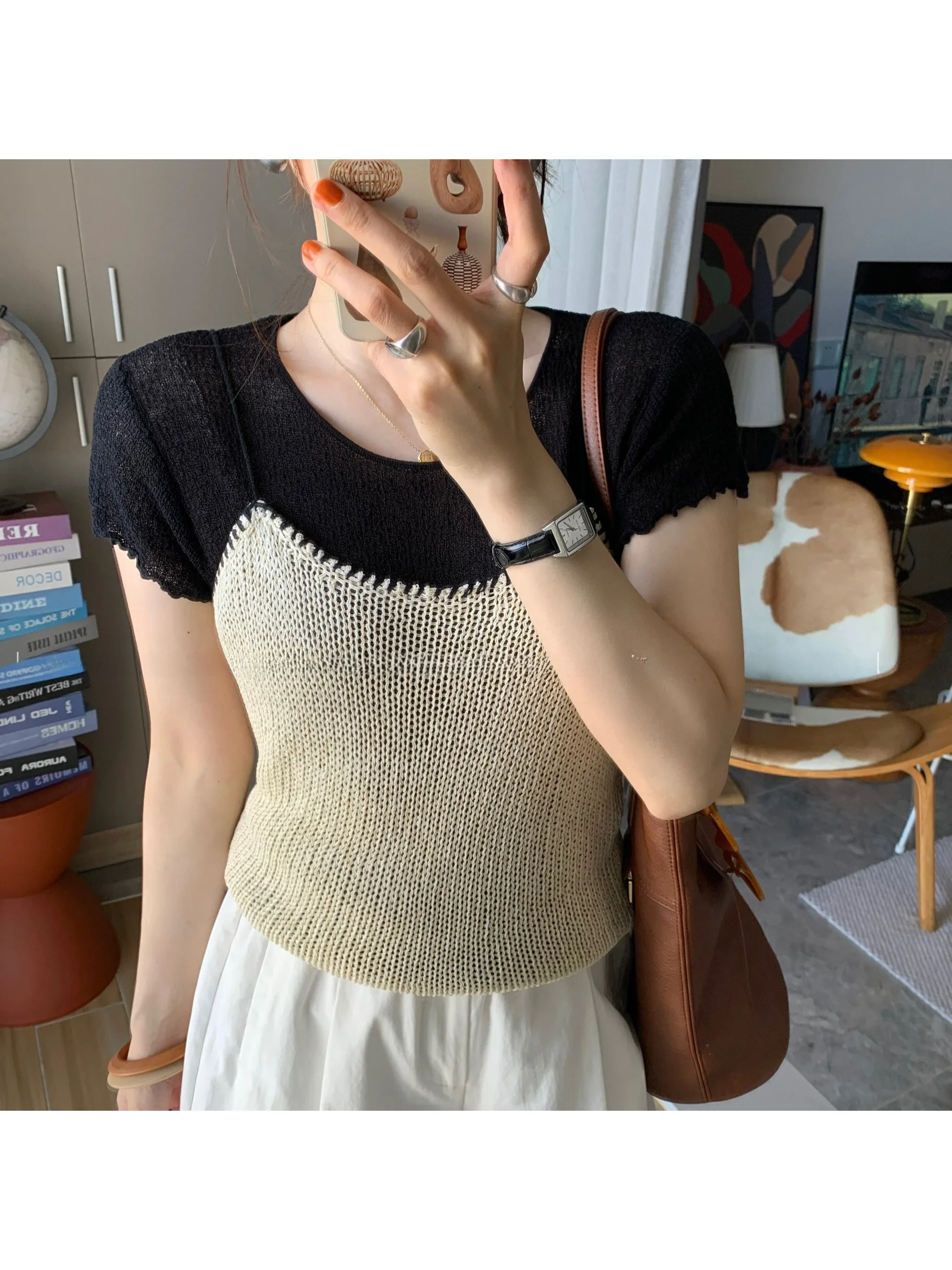 

Женский комплект из двух предметов: вязаный топ с коротким рукавом и вырезами в стиле Miss White Belladonna, облегающий крой, корейский стиль, для повседневной носки