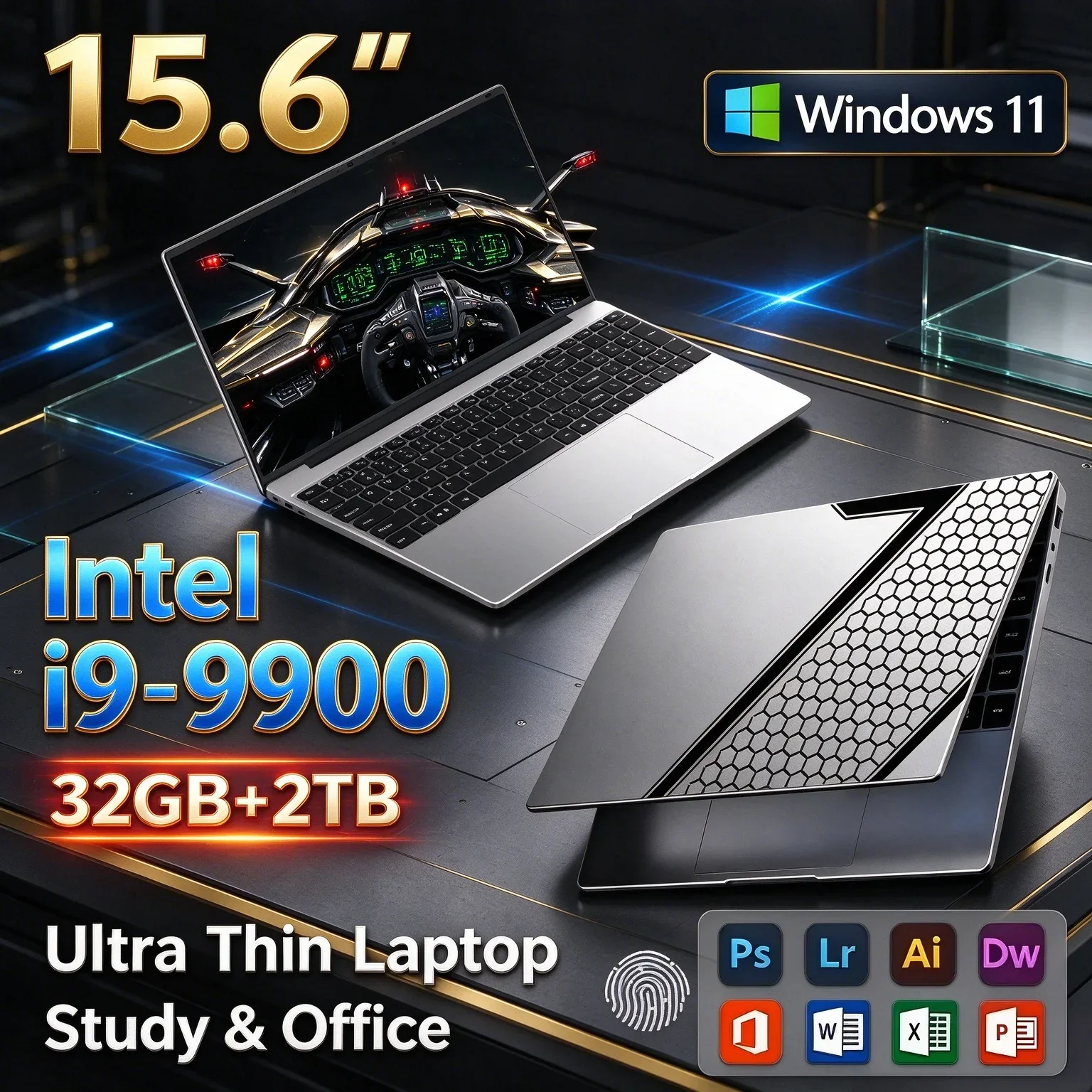 15.6'' Portable Laptop Computer Intel Core I9-9900 32GB RAM 1TB/2TB SSD Win11 Fingerprint Unlock Daily Office Gaming Notebook PC