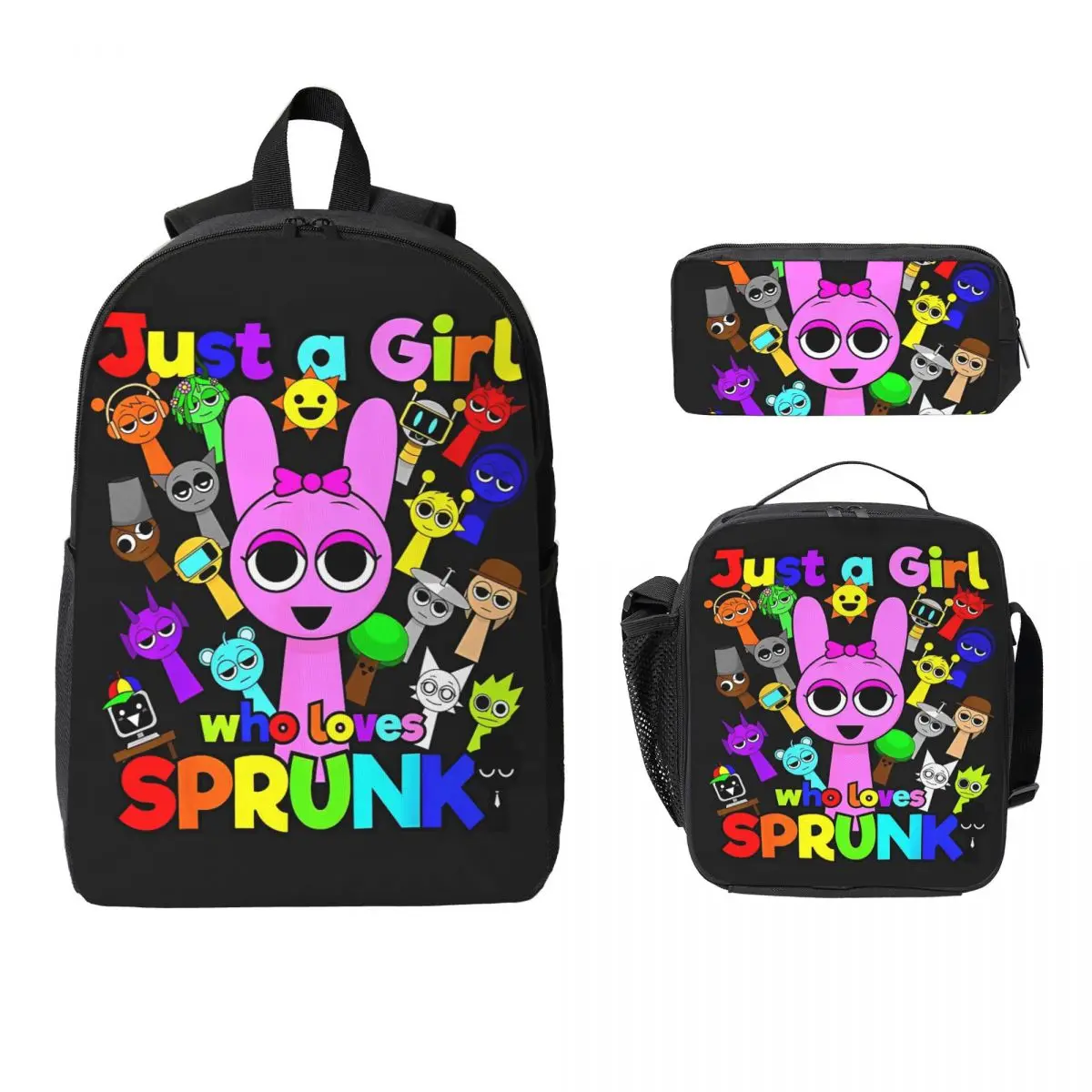 

3Pcs Sprunki Incredibox Sprunki School bags Set for Girls Boys Pen Bags Backpack Sets with Lunch Box For School Students Daypack