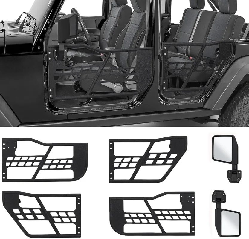 Off Road Tubular Trail Doors with Side View Mirror Compatible with 2018-2025 JL 4 Door - Set of 4 Fat Tube Half Doors f