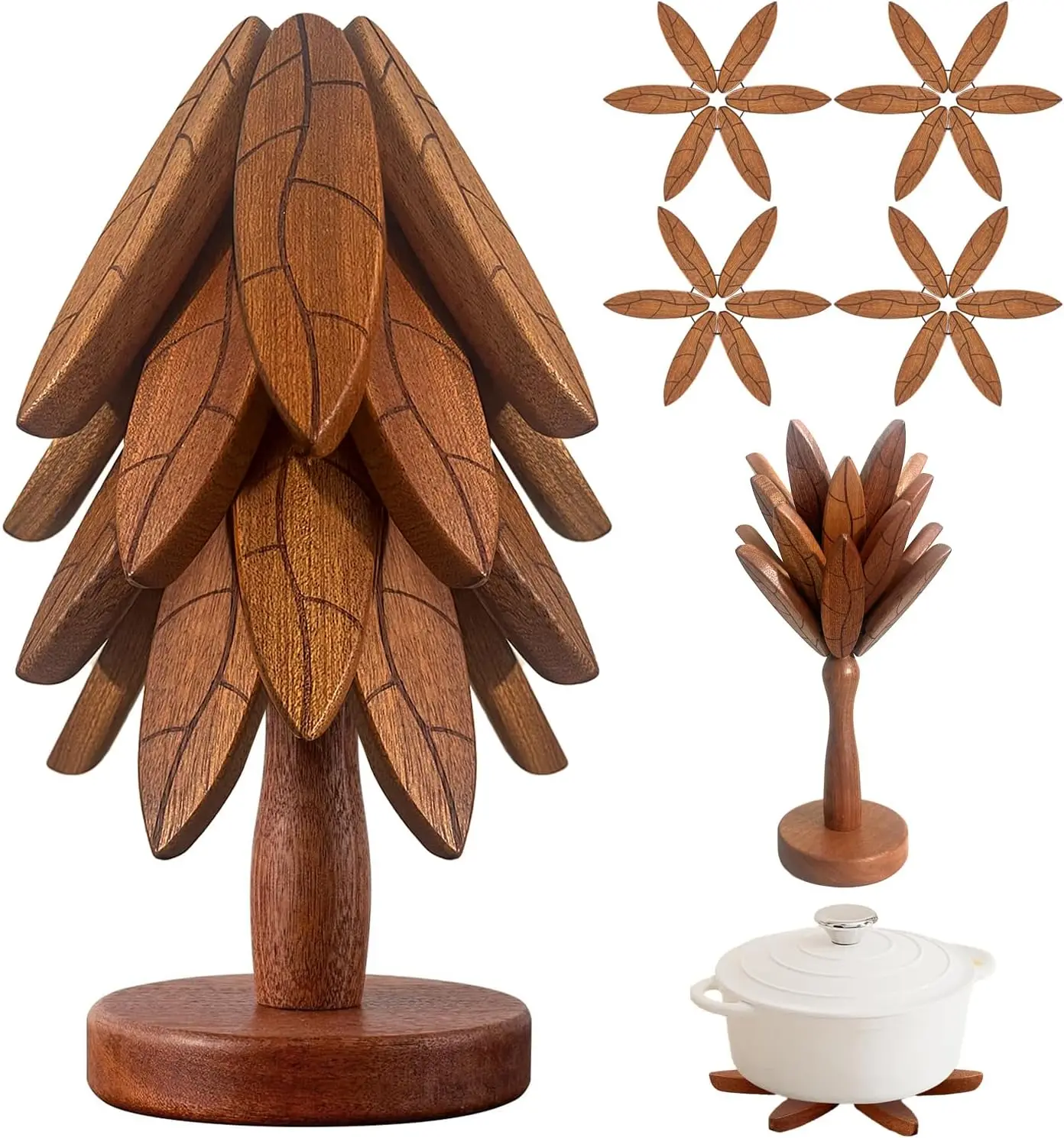 

Tree Coasters Wooden Trivets for Hot Dishes/Pot/Bowl/Teapot/Pans Tree Shape Trivet Set, 4 Wooden Trivets + 1 Stand Stored