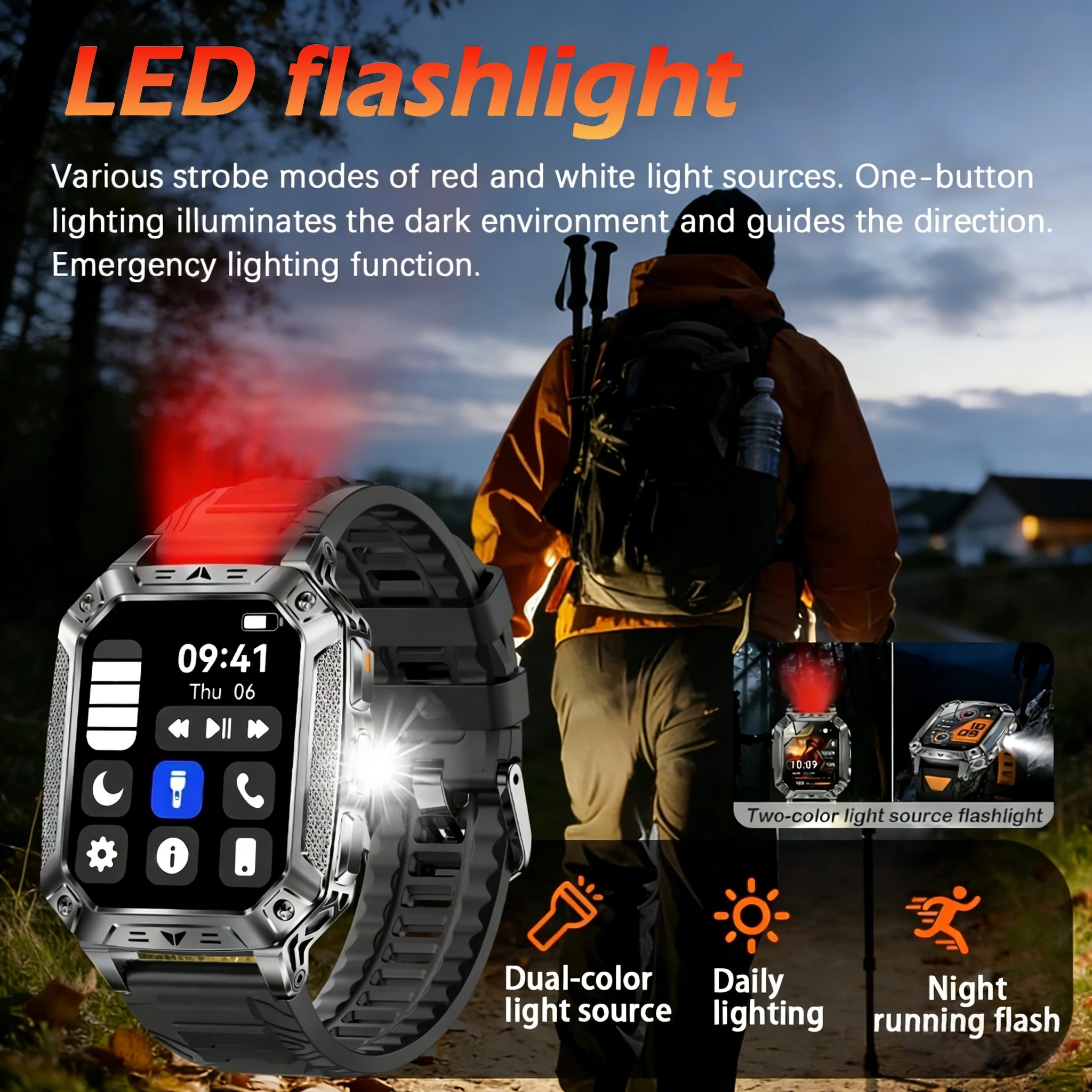 2026 New Military Grade 1400mAh Battery Smart Watch GPS Tracks 5ATMWaterproof Flashlight Heart Rate 2.1" Durable Smartwatch Men