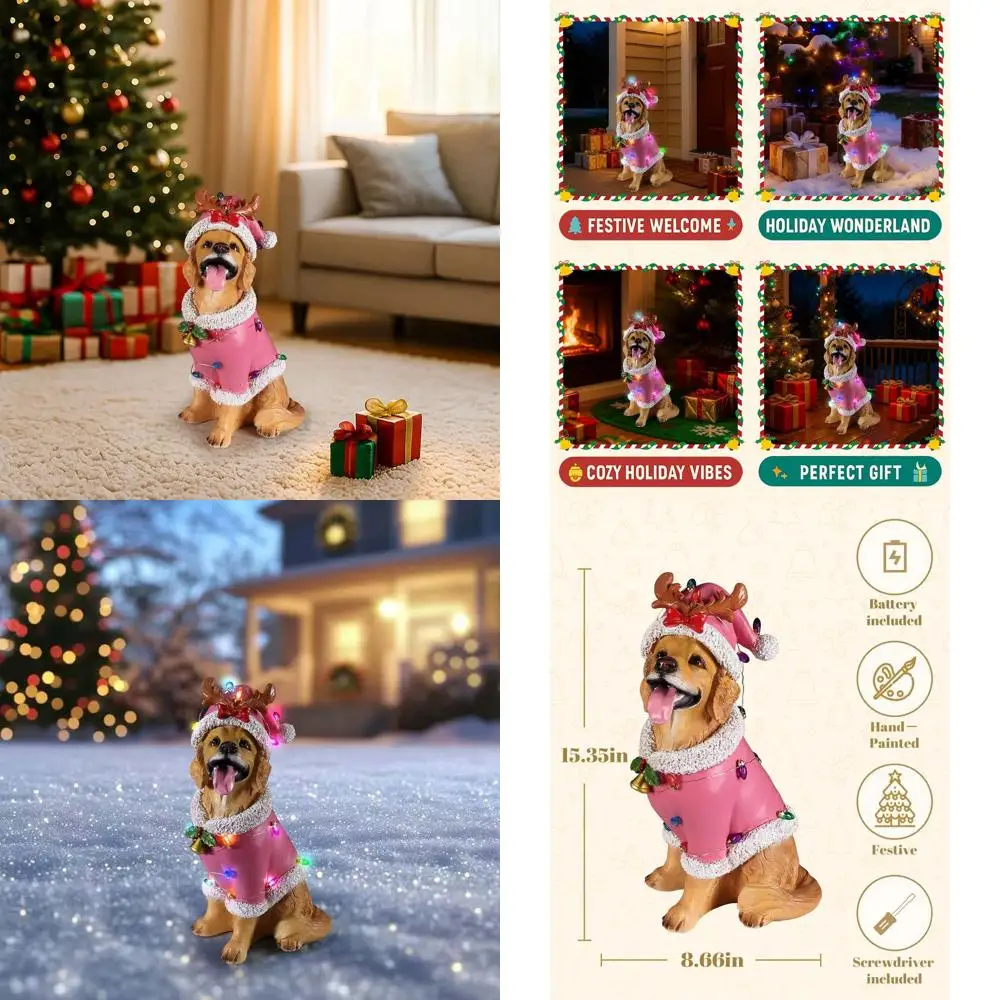 

Illuminated Pink Santa Golden Retriever Statue - Outdoor/Indoor Holiday Decor, Resin LED Yard Art with Batteries & Screwdriver,