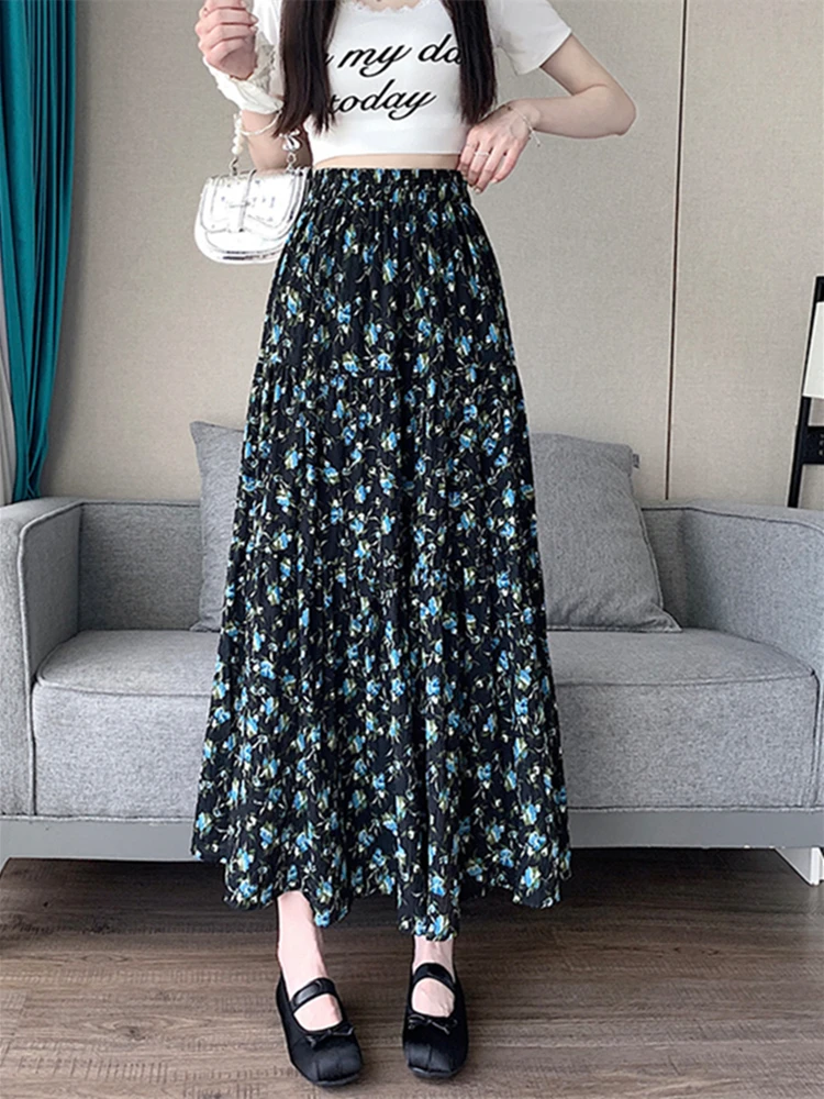 Jupe longue élastique taille haute pour femmes, Slim, de haute qualité, Style Prairie Chic, douce, grand ourlet, motif Floral, nouvelle collection printemps été 2025
